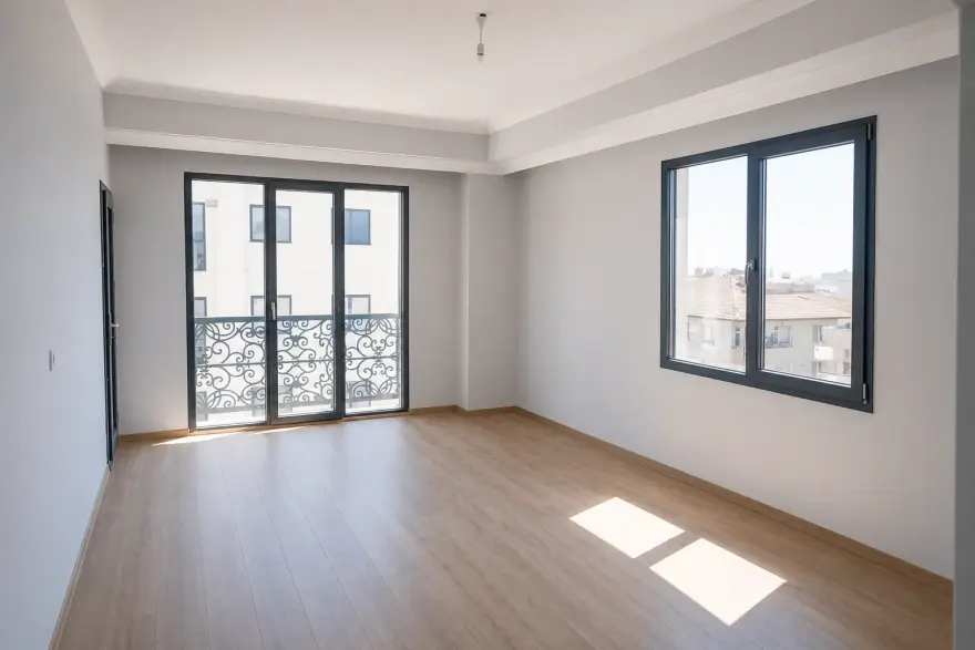 Daire 1 alt kat salonu: ferforje korkuluklu iki balkon kapısı, geniş antrasit pencere ve bol gün ışığı